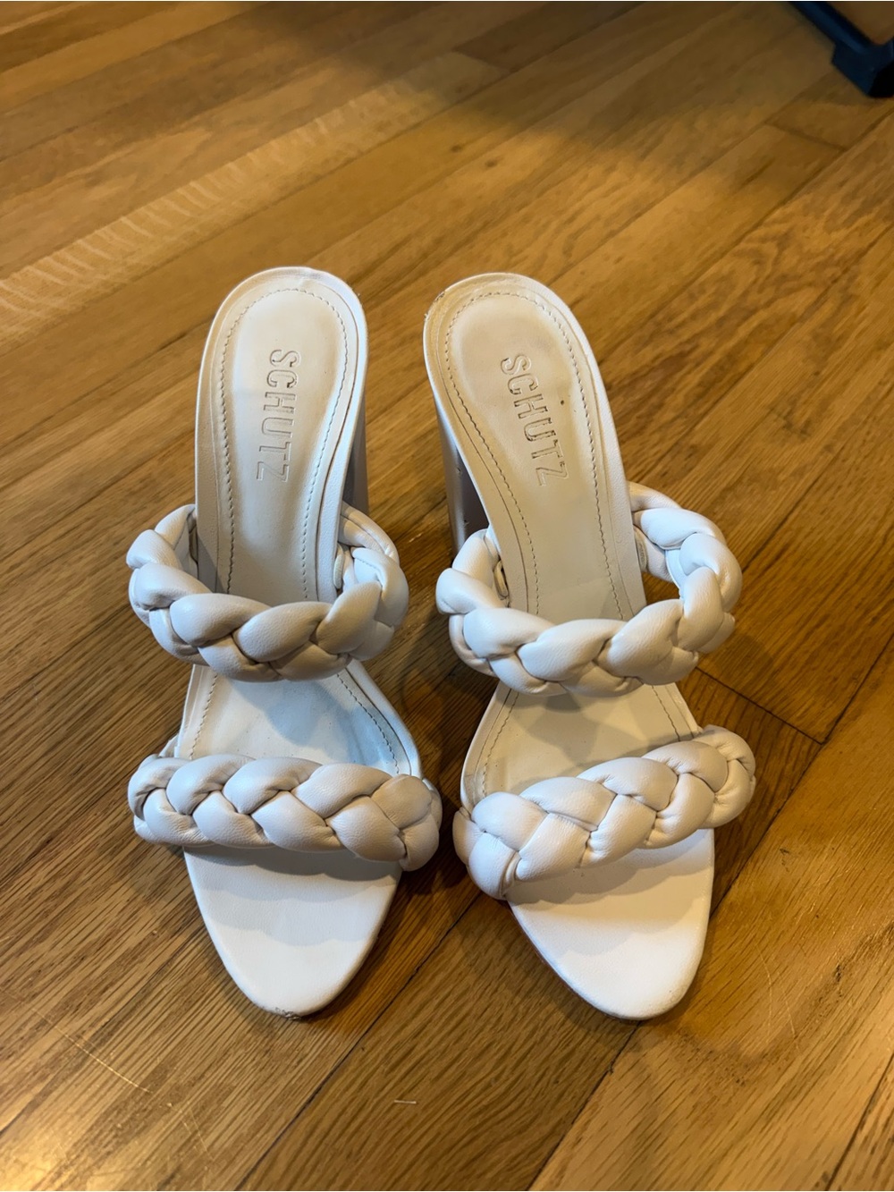 SCHUTZ Braided Double-Strap Heeled Sandals in White 6